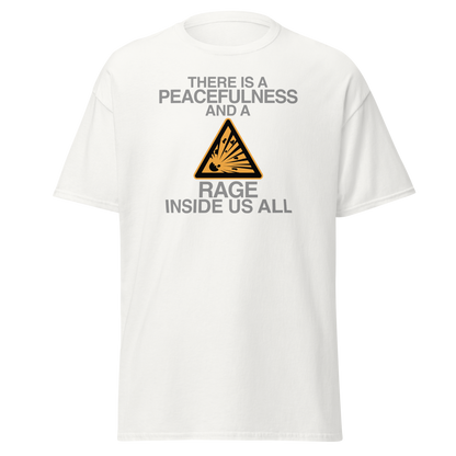 "There is a peacefulness and a rage inside us all" printed on a white on an invisible body