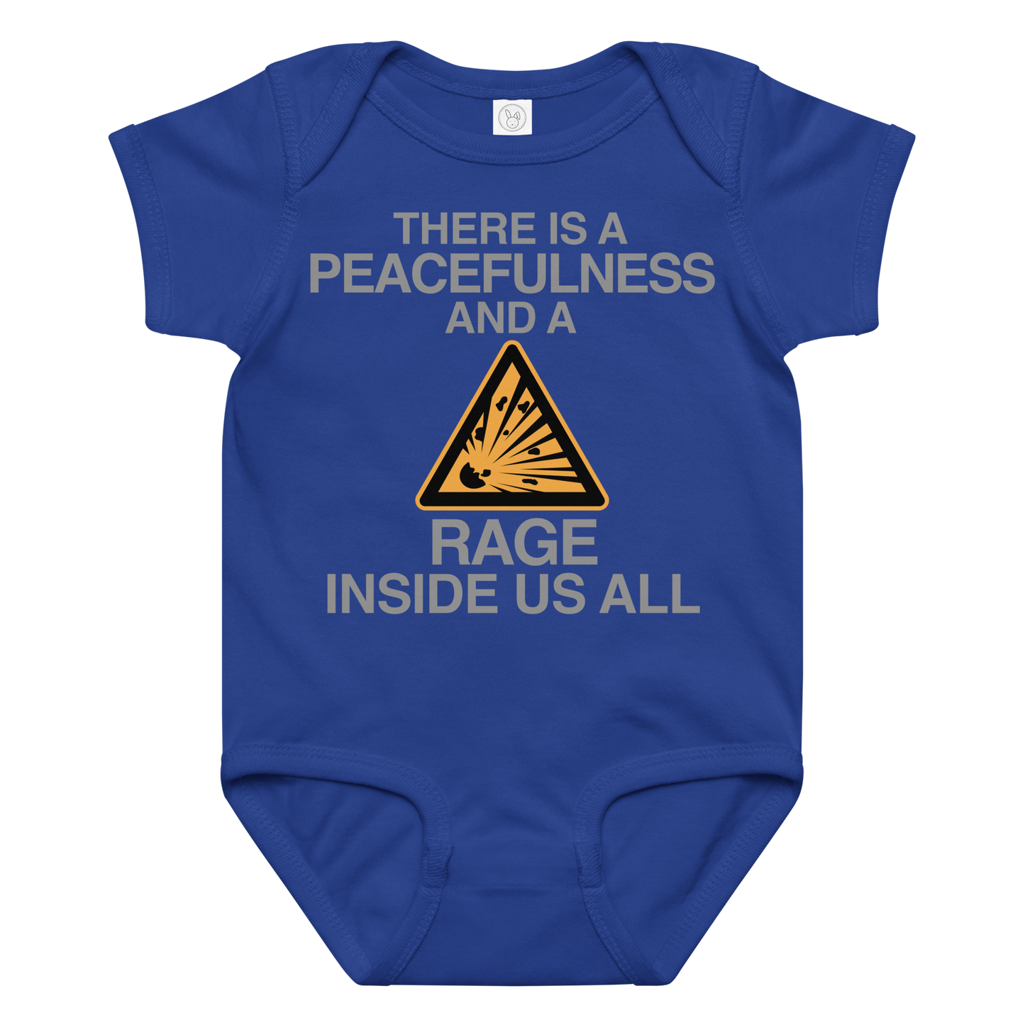 "There is a peacefulness and a rage inside us all" printed on a royal baby jersey bodysuit laying on a flat surface amongst other clothes