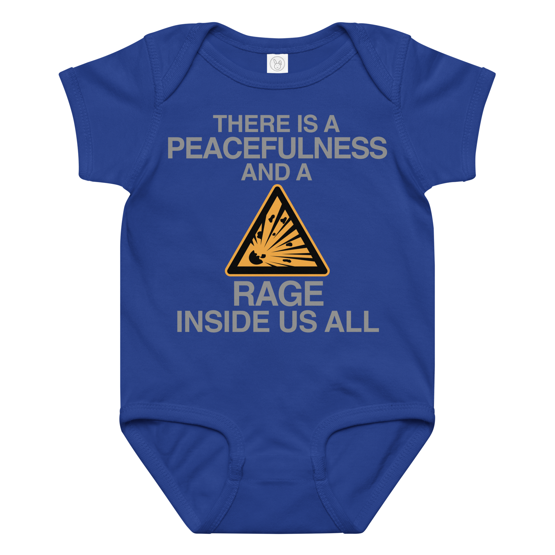"There is a peacefulness and a rage inside us all" printed on a royal baby jersey bodysuit laying on a flat surface amongst other clothes