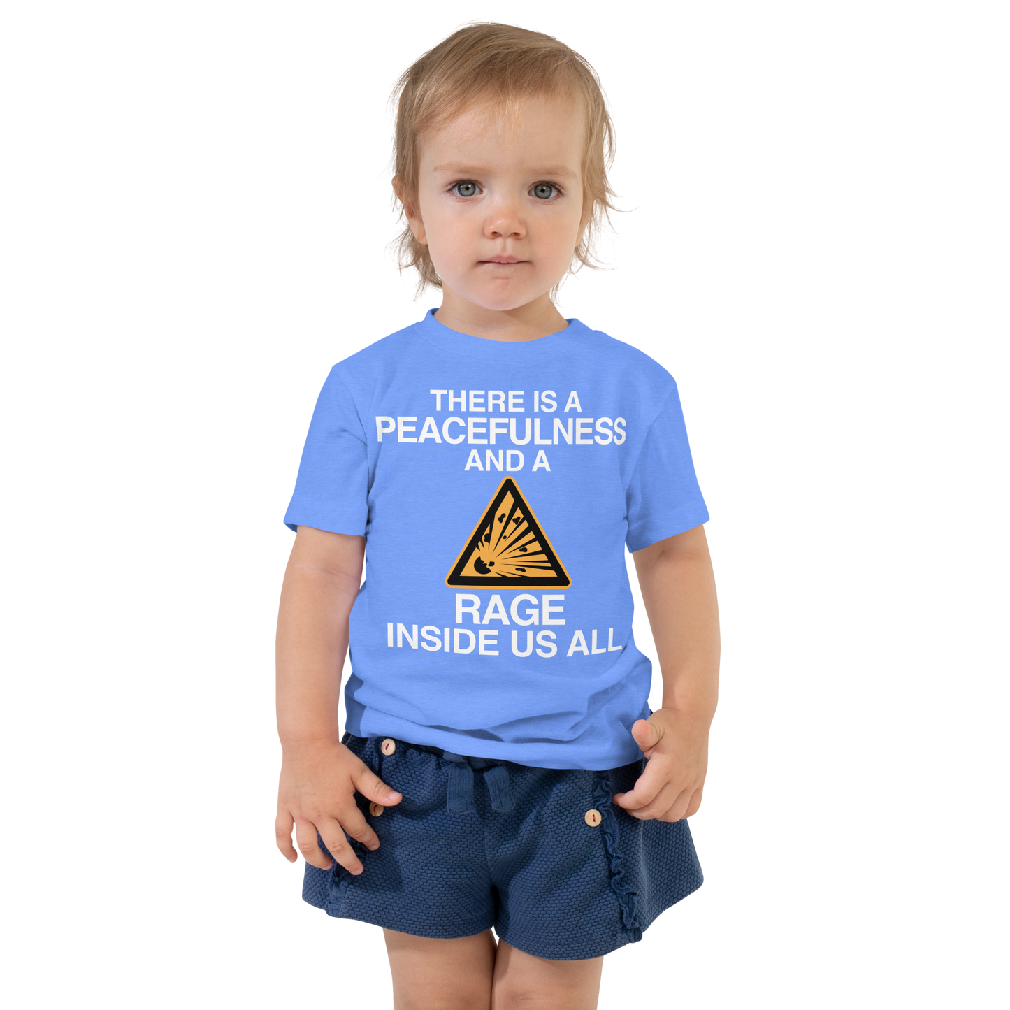 "There is a peacefulness and a rage inside us all" printed on a heather columbia blue toddler short sleeve tee worn by a female