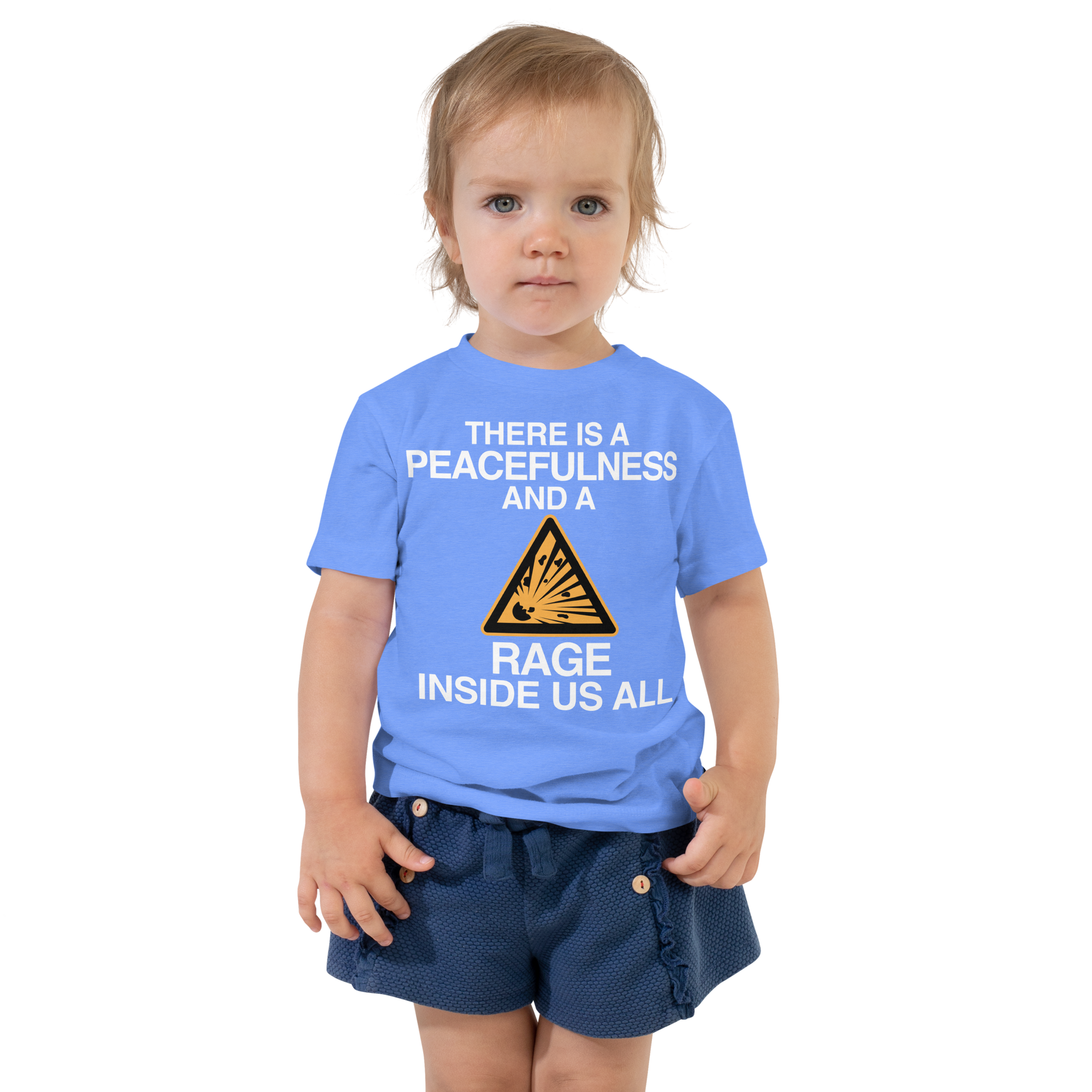 "There is a peacefulness and a rage inside us all" printed on a heather columbia blue toddler short sleeve tee worn by a female