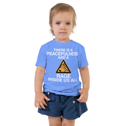 "There is a peacefulness and a rage inside us all" printed on a heather columbia blue toddler short sleeve tee worn by a female