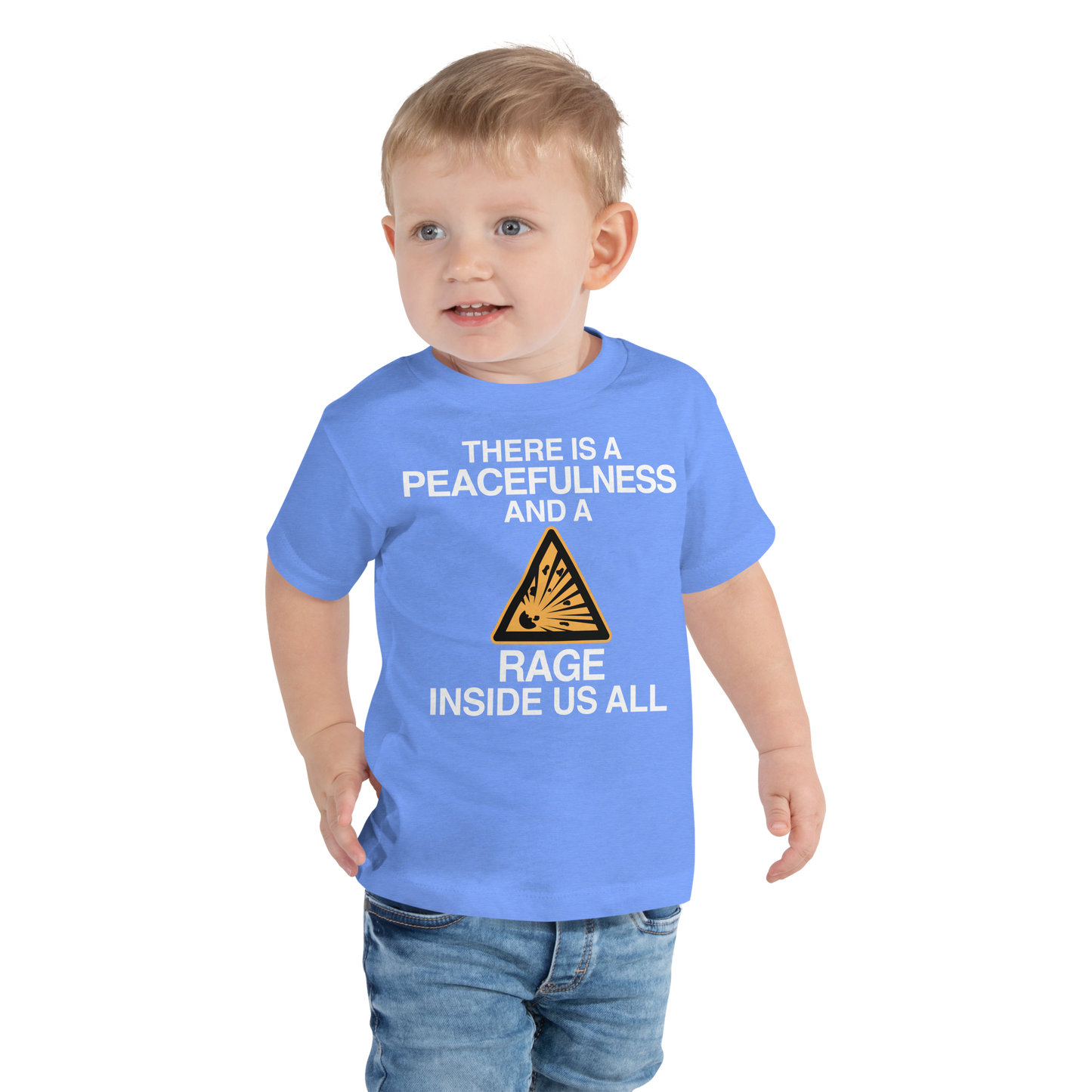 "There is a peacefulness and a rage inside us all" printed on a heather columbia blue toddler short sleeve tee worn by a male