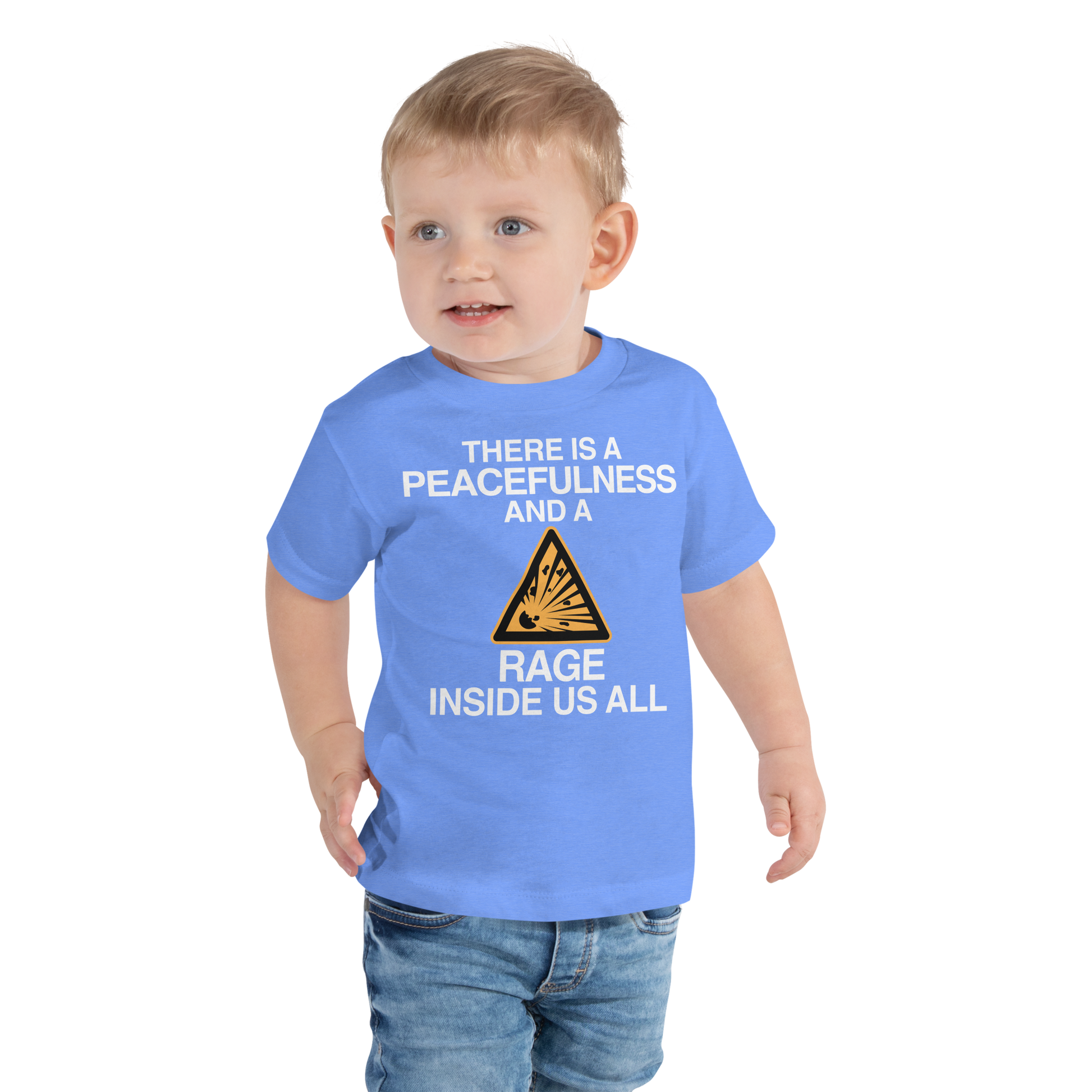 "There is a peacefulness and a rage inside us all" printed on a heather columbia blue toddler short sleeve tee worn by a male