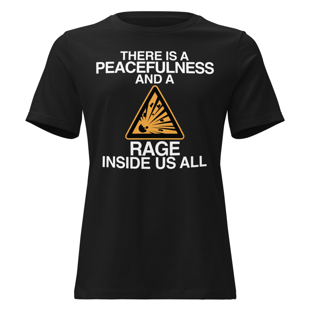 "There is a peacefulness and a rage inside us all" printed on a black on an invisible / simulated body