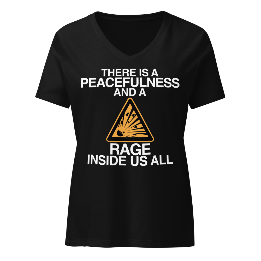"There is a peacefulness and a rage inside us all" printed on a solid black blend on an invisible / simulated body