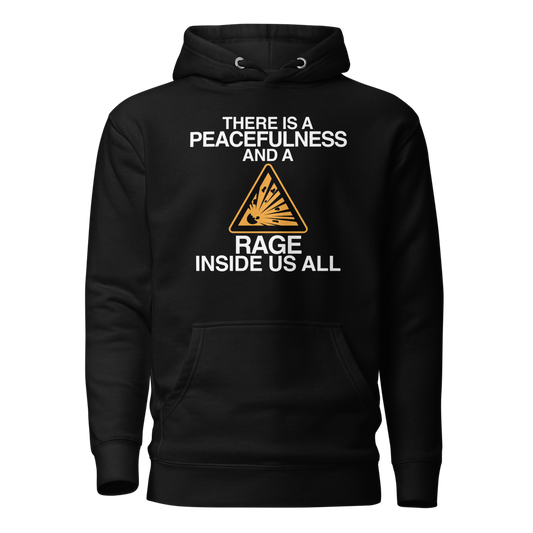 "There is a peacefulness and a rage inside us all" printed on a black on an invisible / simulated body