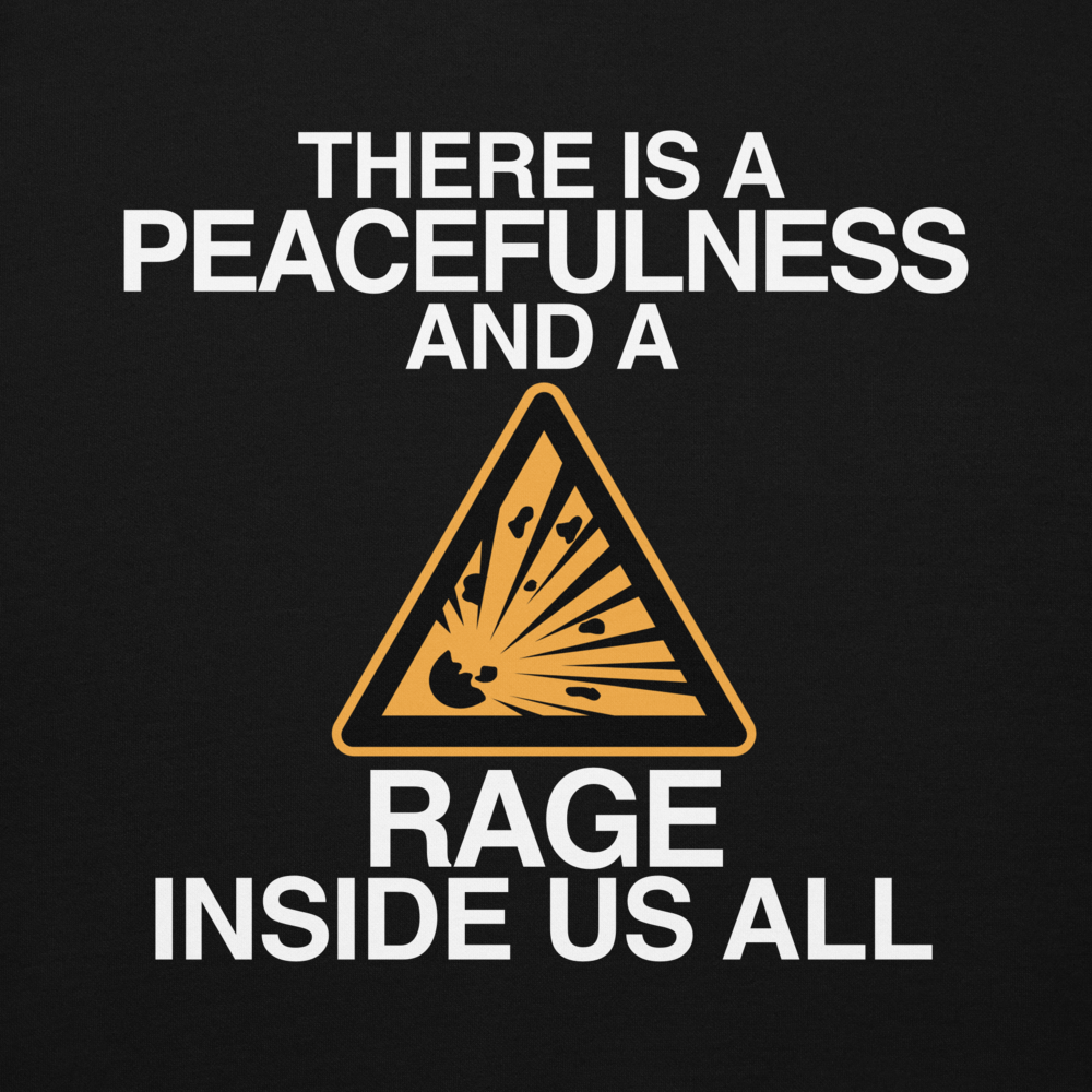 "There is a peacefulness and a rage inside us all" printed on a black background