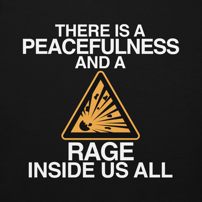 "There is a peacefulness and a rage inside us all" printed on a black background