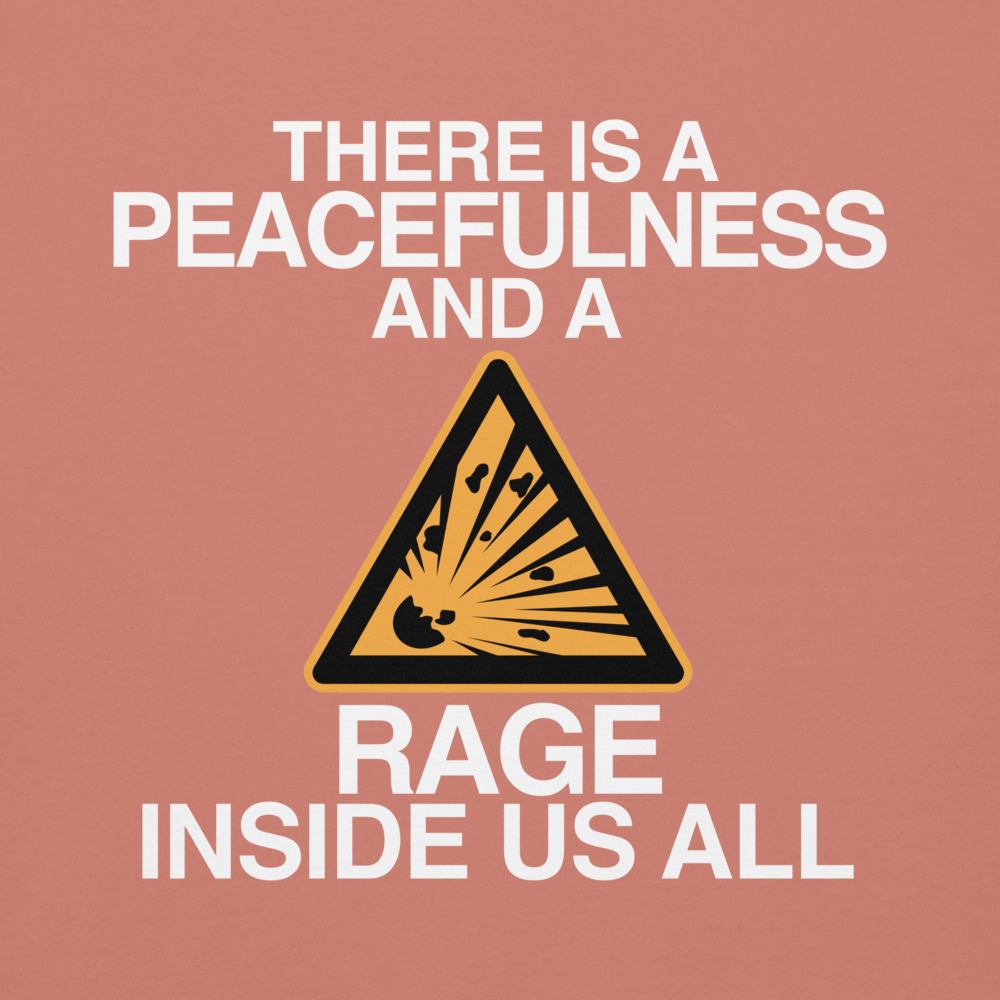 "There is a peacefulness and a rage inside us all" printed on a dusty rose background