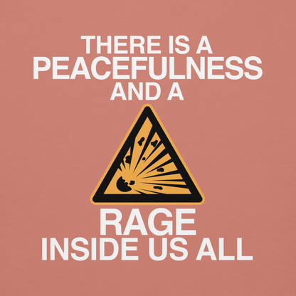 "There is a peacefulness and a rage inside us all" printed on a dusty rose background