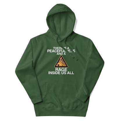 "There is a peacefulness and a rage inside us all" printed on a forest green unisex hoodie laying on a flat surface with the hood up