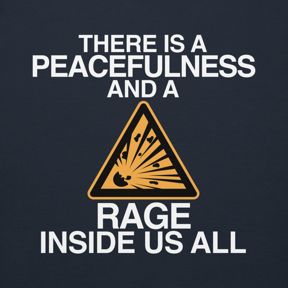 "There is a peacefulness and a rage inside us all" printed on a navy blazer background