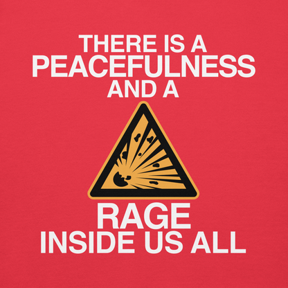 "There is a peacefulness and a rage inside us all" printed on a team red background