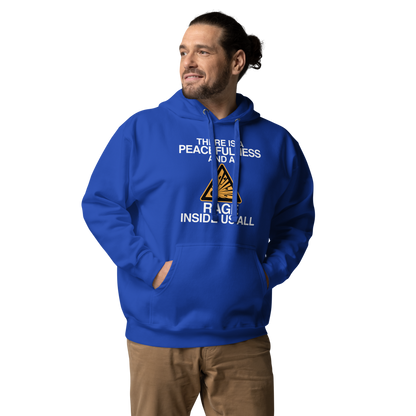 "There is a peacefulness and a rage inside us all" printed on a team royal unisex hoodie worn by a male