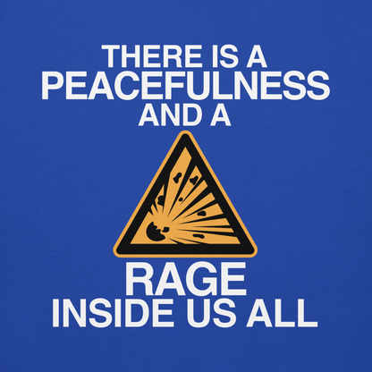"There is a peacefulness and a rage inside us all" printed on a team royal background