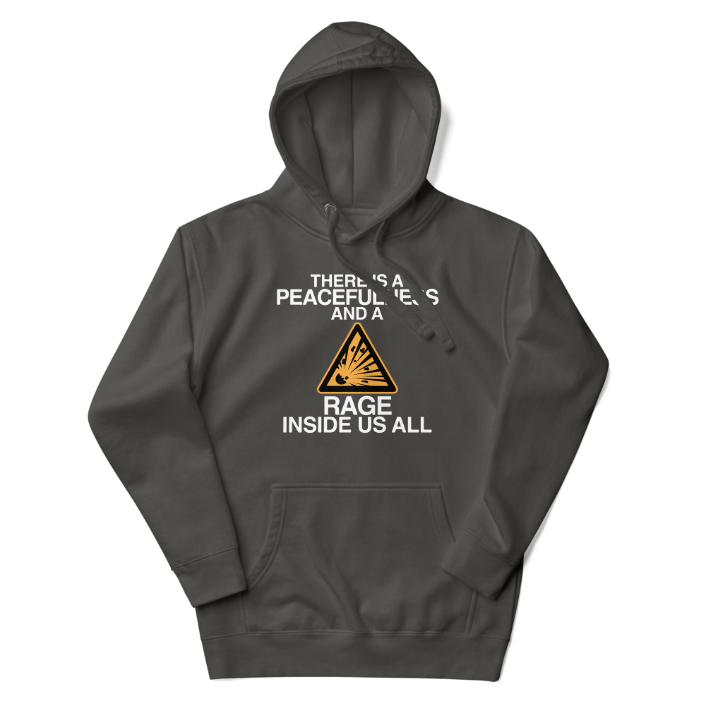 "There is a peacefulness and a rage inside us all" printed on a vintage black unisex hoodie laying on a flat surface with the hood up