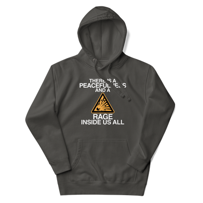 "There is a peacefulness and a rage inside us all" printed on a vintage black unisex hoodie laying on a flat surface with the hood up