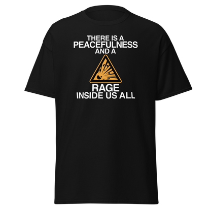 "There is a peacefulness and a rage inside us all" printed on a black on an invisible body