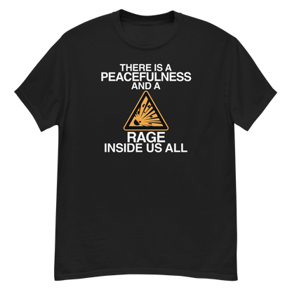 "There is a peacefulness and a rage inside us all" printed on a black unisex classic tee laying on a flat surface
