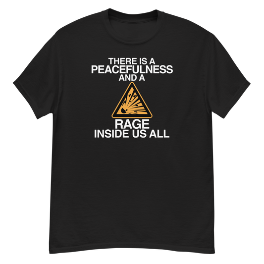 "There is a peacefulness and a rage inside us all" printed on a black unisex classic tee laying on a flat surface