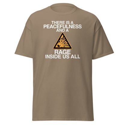 "There is a peacefulness and a rage inside us all" printed on a brown savana on an invisible body