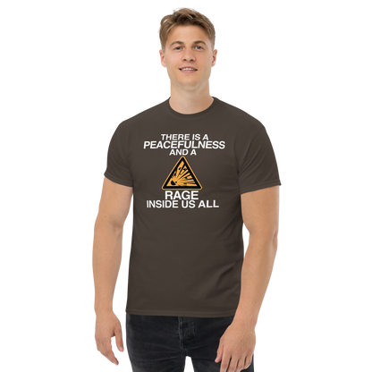 "There is a peacefulness and a rage inside us all" printed on a dark chocolate unisex classic tee worn by a male