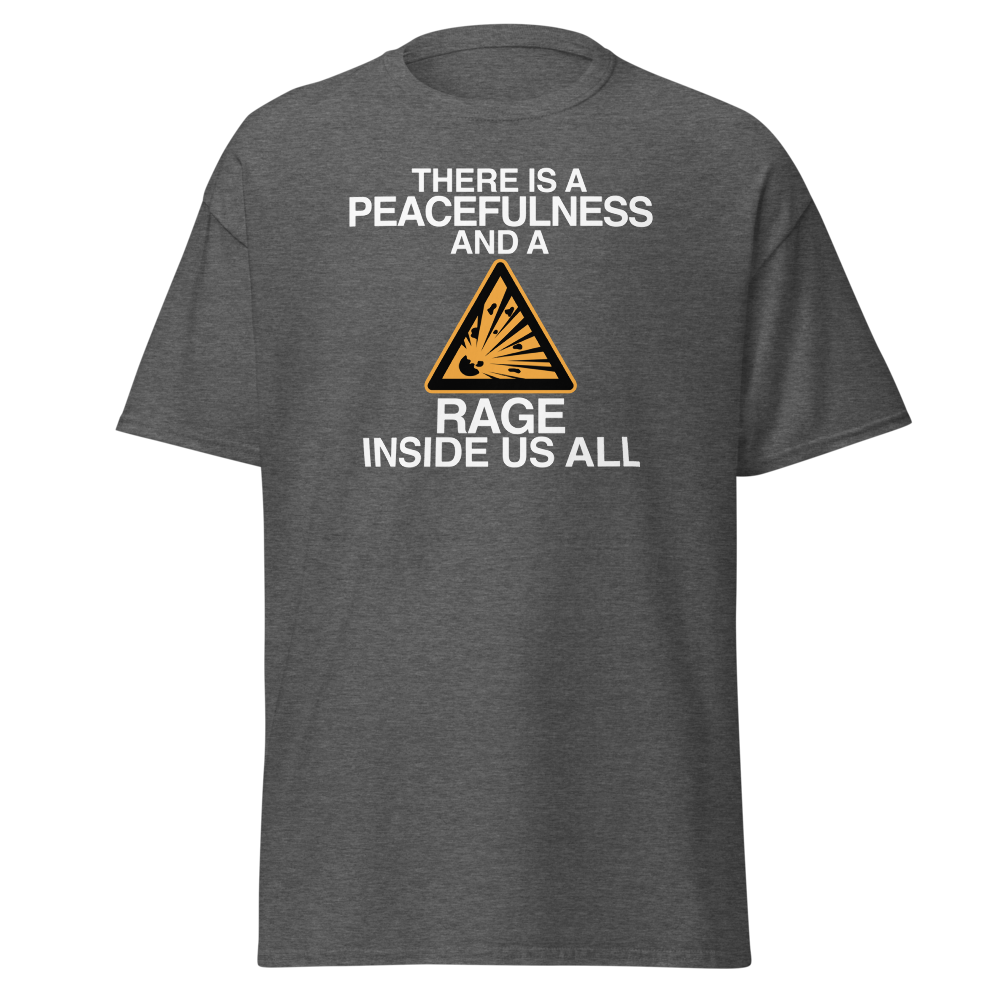 "There is a peacefulness and a rage inside us all" printed on a dark heather on an invisible body