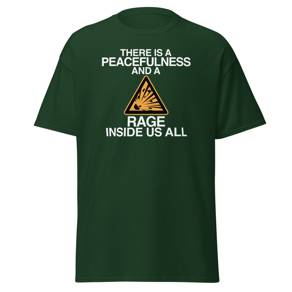 "There is a peacefulness and a rage inside us all" printed on a forest green on an invisible body