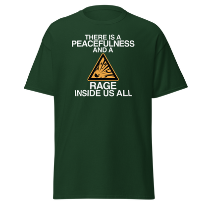 "There is a peacefulness and a rage inside us all" printed on a forest green on an invisible body