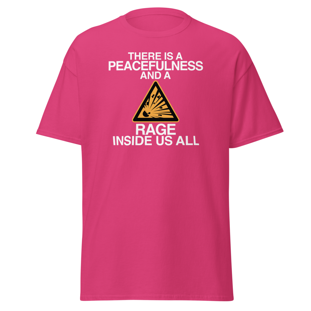 "There is a peacefulness and a rage inside us all" printed on a heliconia on an invisible body