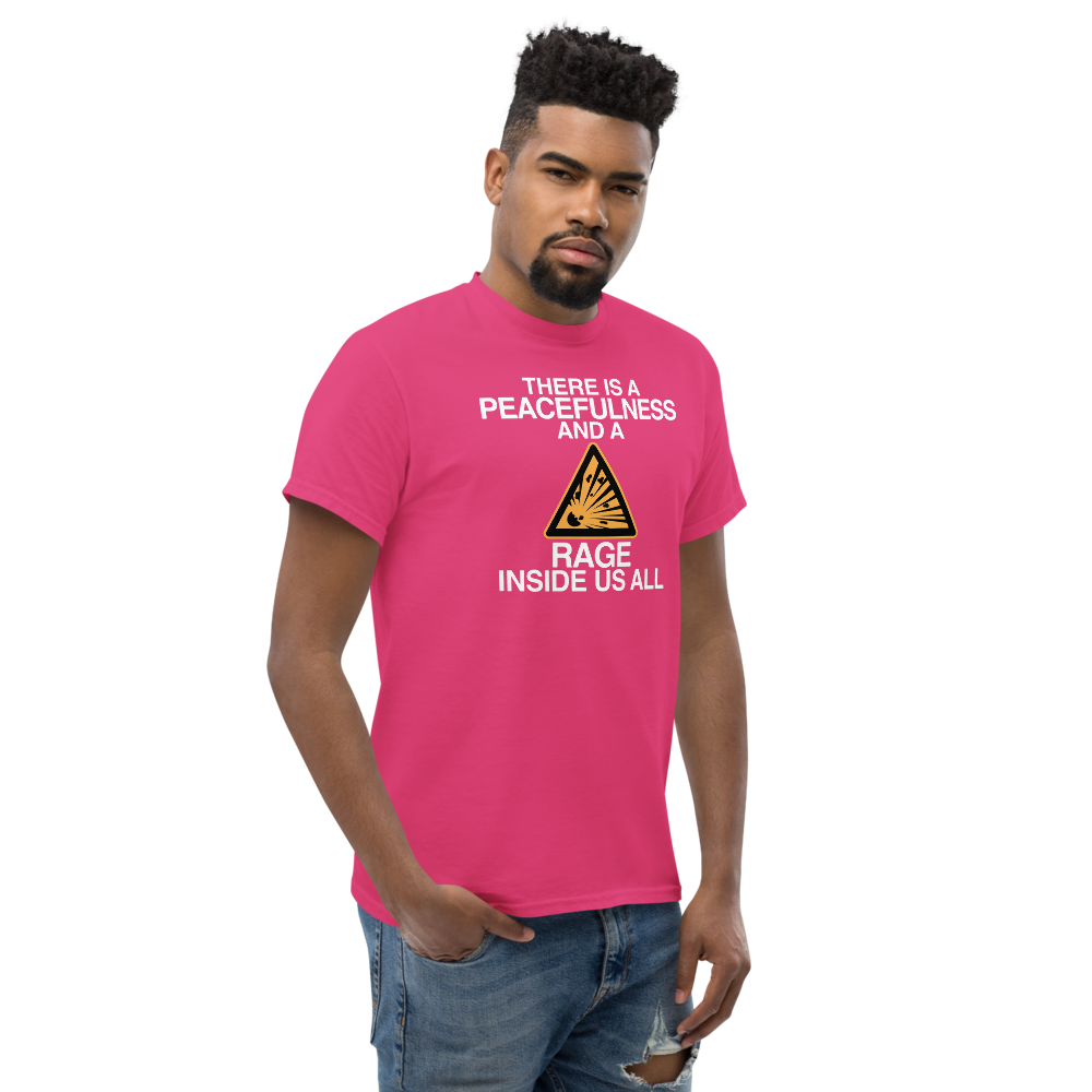 "There is a peacefulness and a rage inside us all" printed on a heliconia unisex classic tee worn by a male