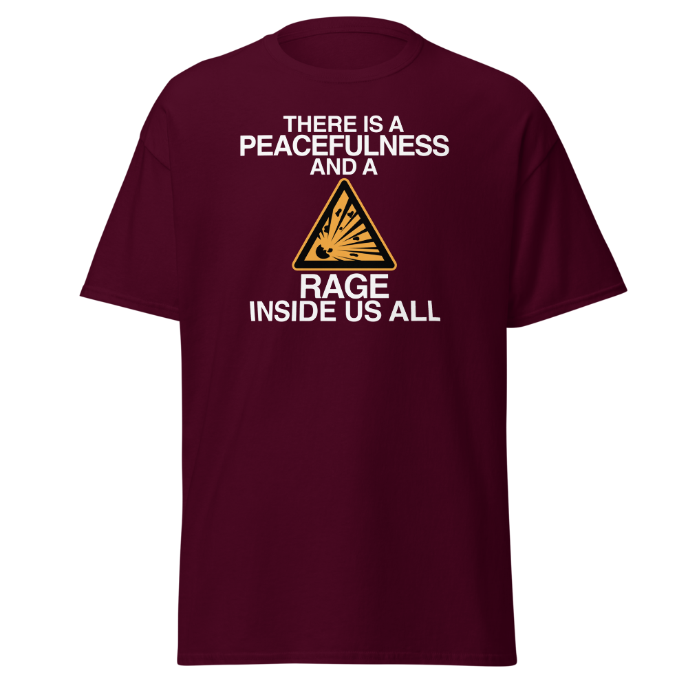 "There is a peacefulness and a rage inside us all" printed on a maroon on an invisible body
