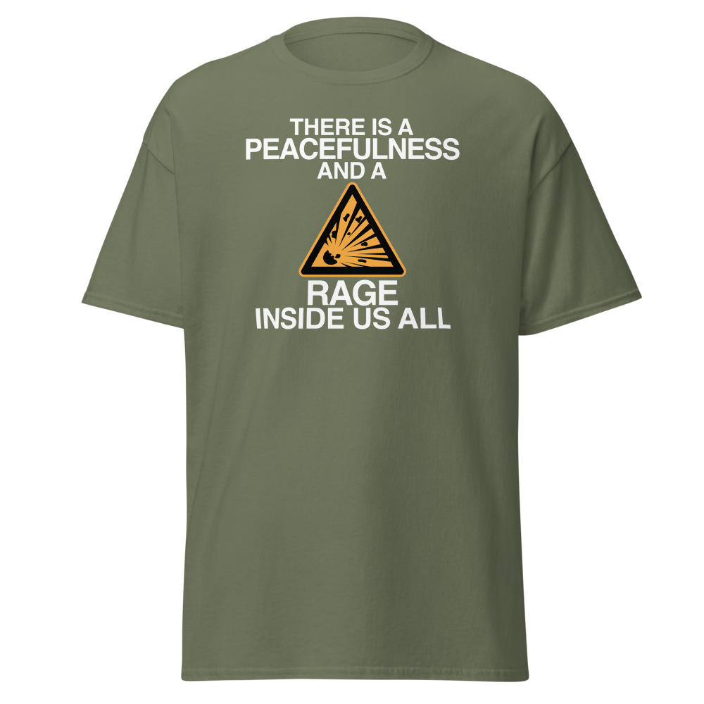 "There is a peacefulness and a rage inside us all" printed on a military green on an invisible body