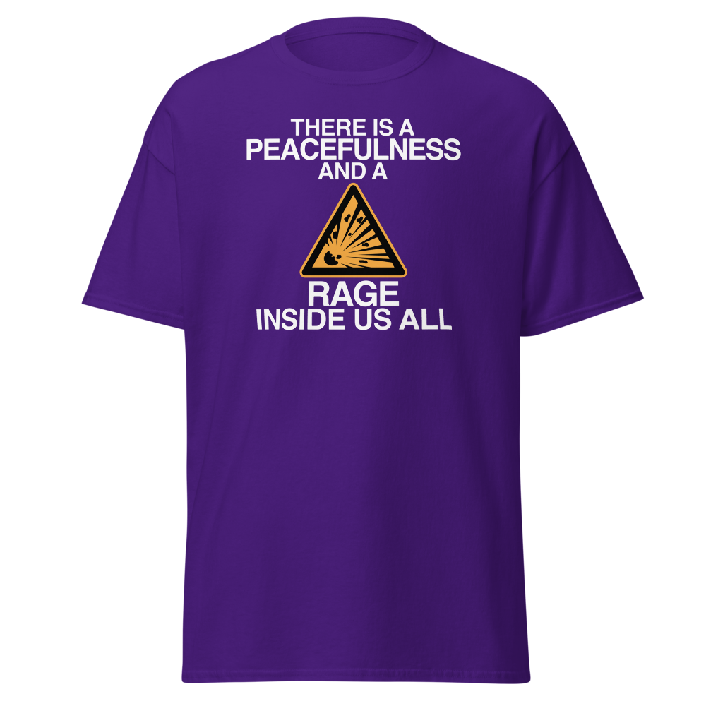 "There is a peacefulness and a rage inside us all" printed on a purple on an invisible body