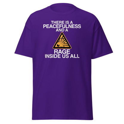 "There is a peacefulness and a rage inside us all" printed on a purple on an invisible body