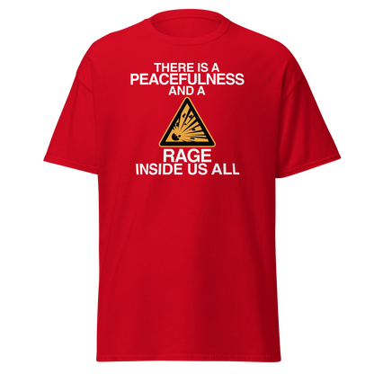 "There is a peacefulness and a rage inside us all" printed on a red on an invisible body