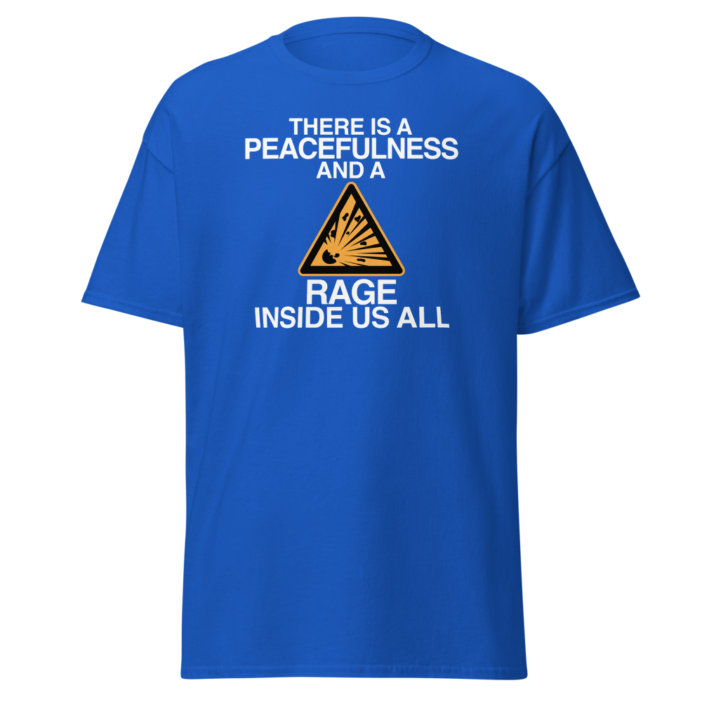 "There is a peacefulness and a rage inside us all" printed on a royal on an invisible body