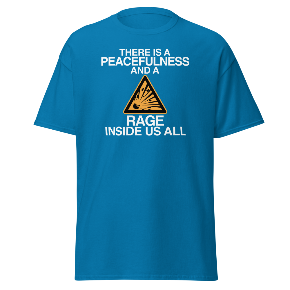 "There is a peacefulness and a rage inside us all" printed on a sapphire on an invisible body