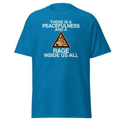 "There is a peacefulness and a rage inside us all" printed on a sapphire on an invisible body