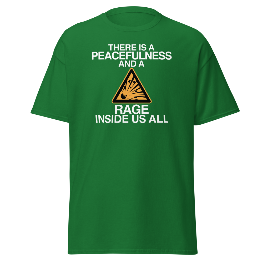 "There is a peacefulness and a rage inside us all" printed on a turf green on an invisible body