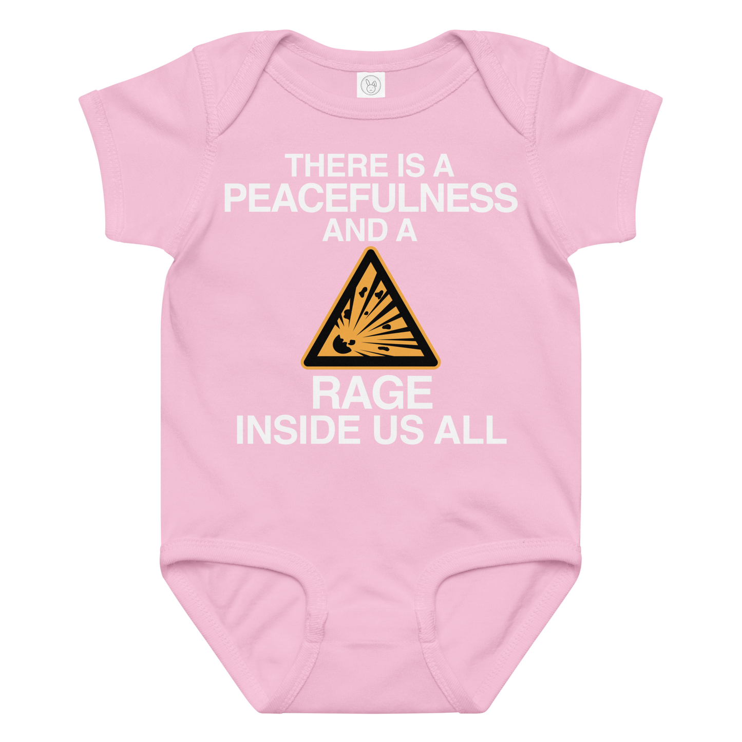 "There is a peacefulness and a rage inside us all" printed on a pink baby jersey bodysuit laying on a flat surface amongst other clothes