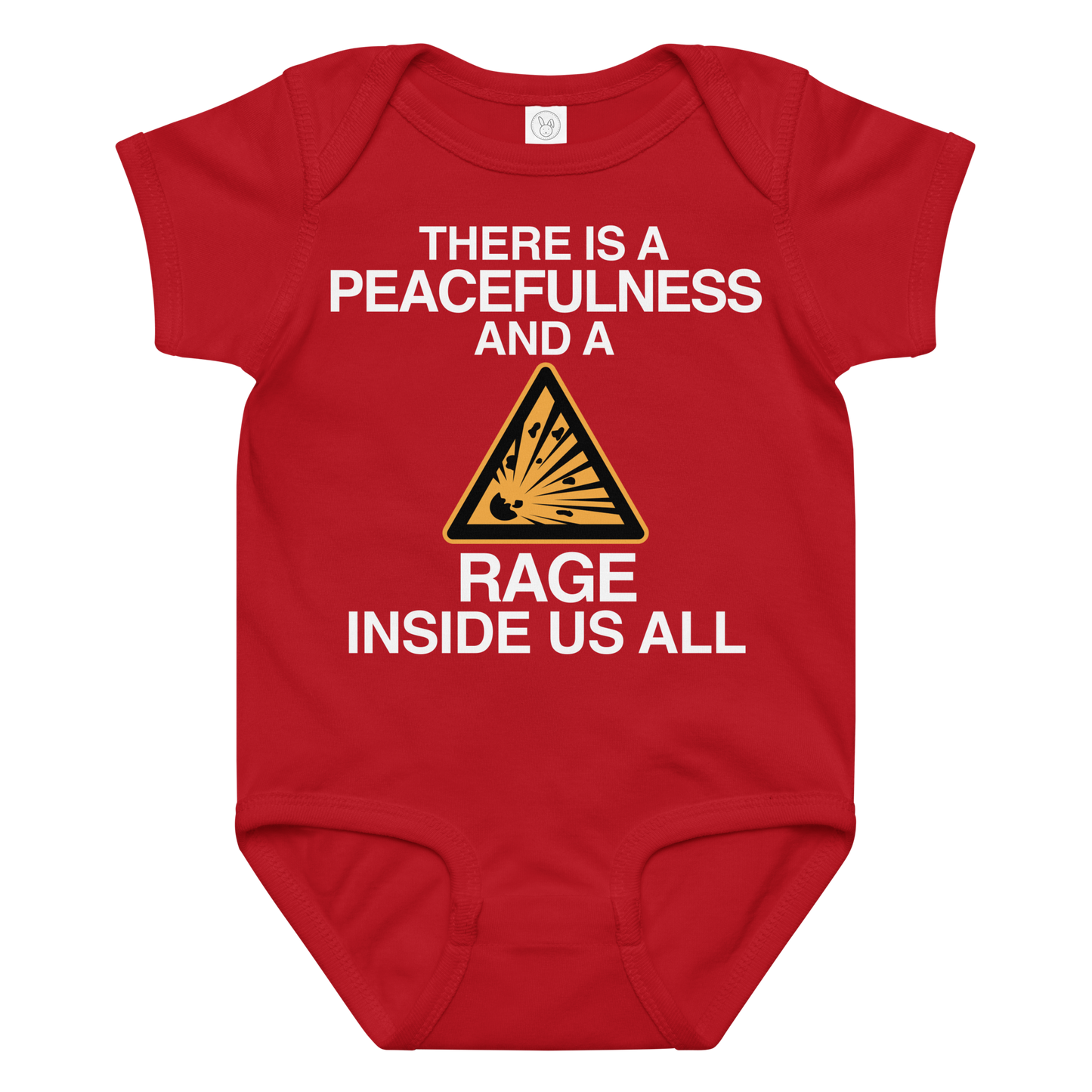 "There is a peacefulness and a rage inside us all" printed on a red baby jersey bodysuit laying on a flat surface amongst other clothes