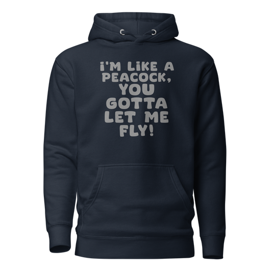 "I'm like a peacock, you gotta let me fly!" printed on a navy blazer on an invisible / simulated body
