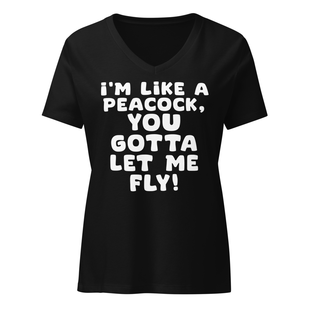 "I'm like a peacock, you gotta let me fly!" printed on a solid black blend on an invisible / simulated body