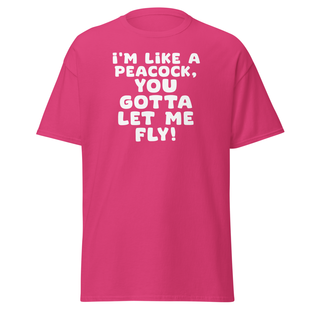 "I'm like a peacock, you gotta let me fly!" printed on a heliconia on an invisible body