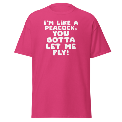 "I'm like a peacock, you gotta let me fly!" printed on a heliconia on an invisible body