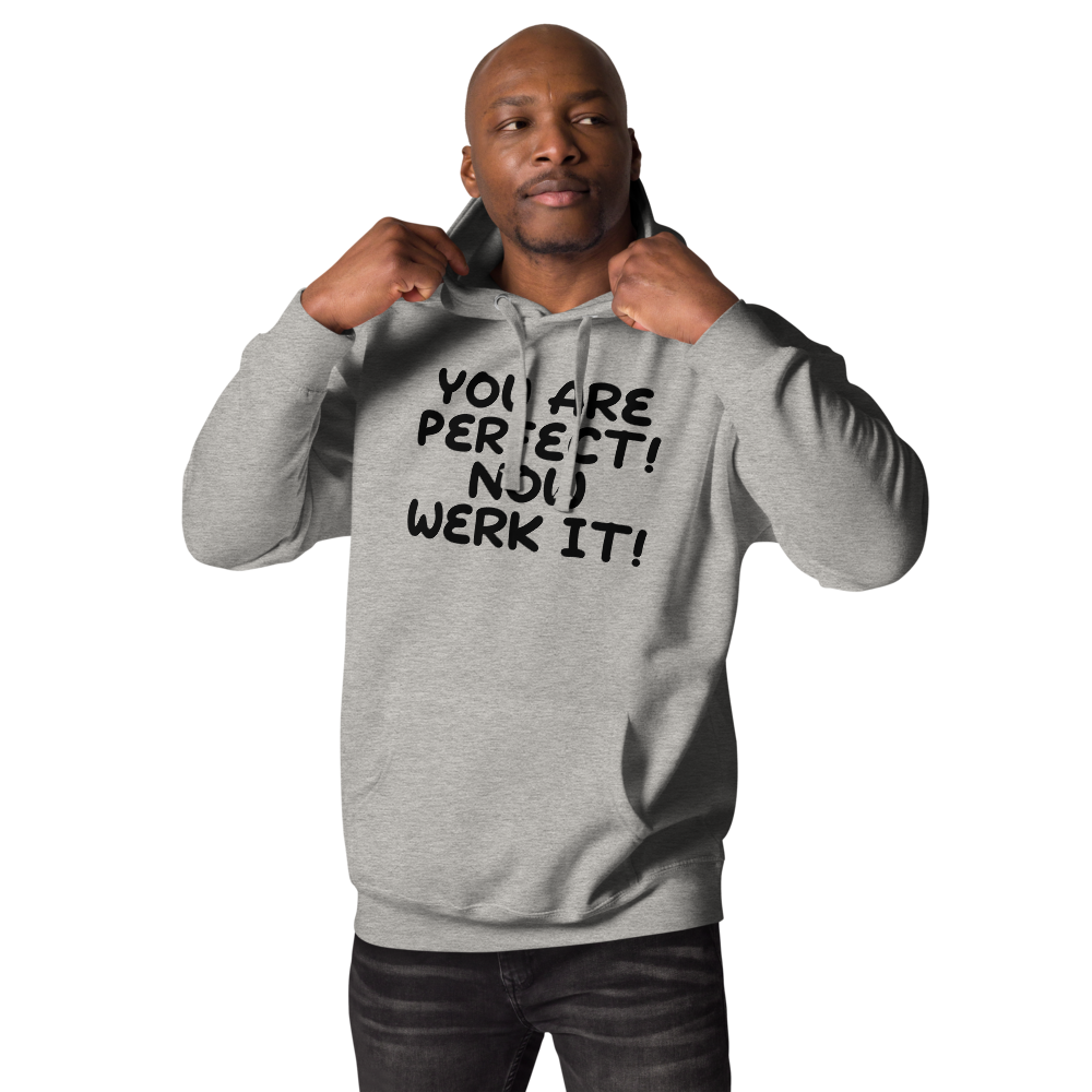 "You Are Perfect! Now Werk It!" printed on a carbon grey unisex hoodie worn by a male