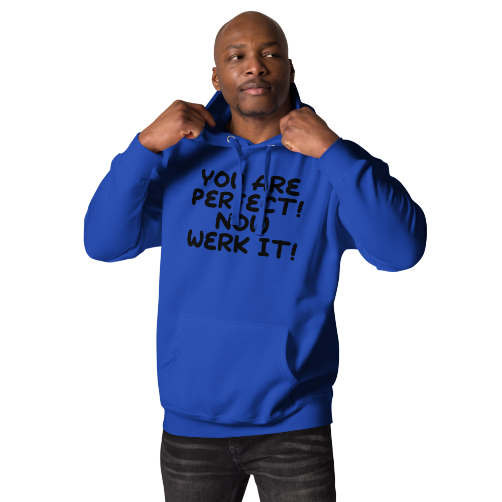 "You Are Perfect! Now Werk It!" printed on a team royal unisex hoodie worn by a male
