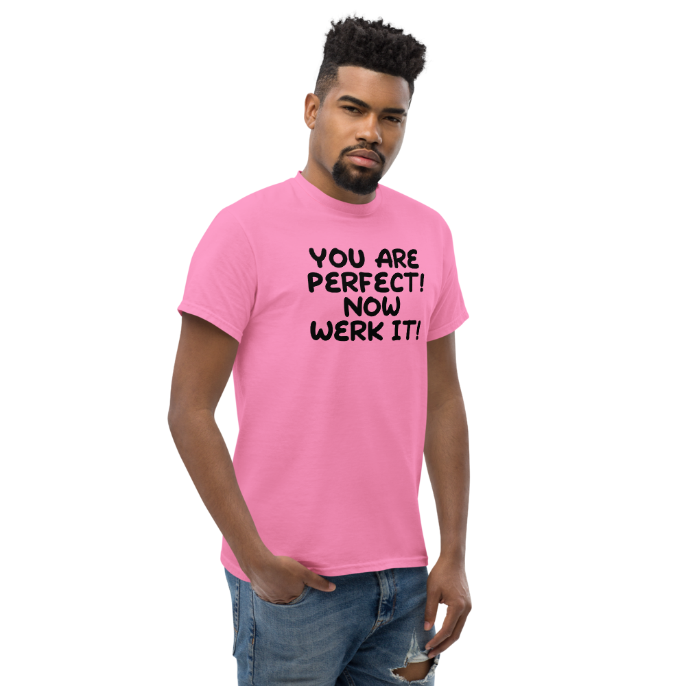 "You Are Perfect! Now Werk It!" printed on a azalea unisex classic tee worn by a male